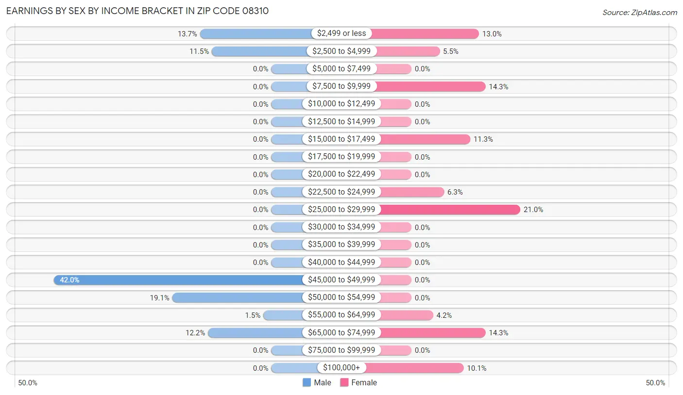 Earnings by Sex by Income Bracket in Zip Code 08310