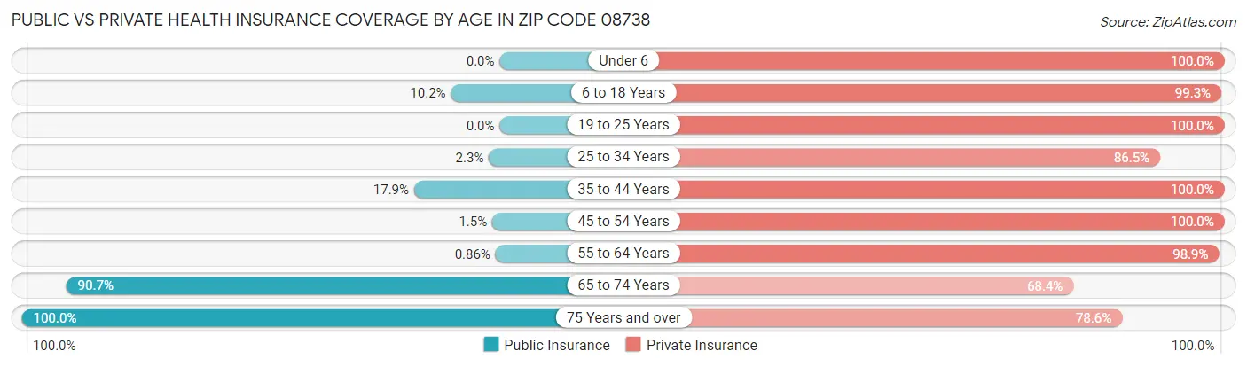 Public vs Private Health Insurance Coverage by Age in Zip Code 08738
