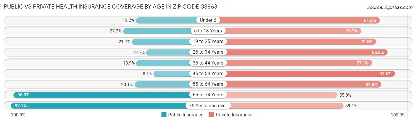Public vs Private Health Insurance Coverage by Age in Zip Code 08863