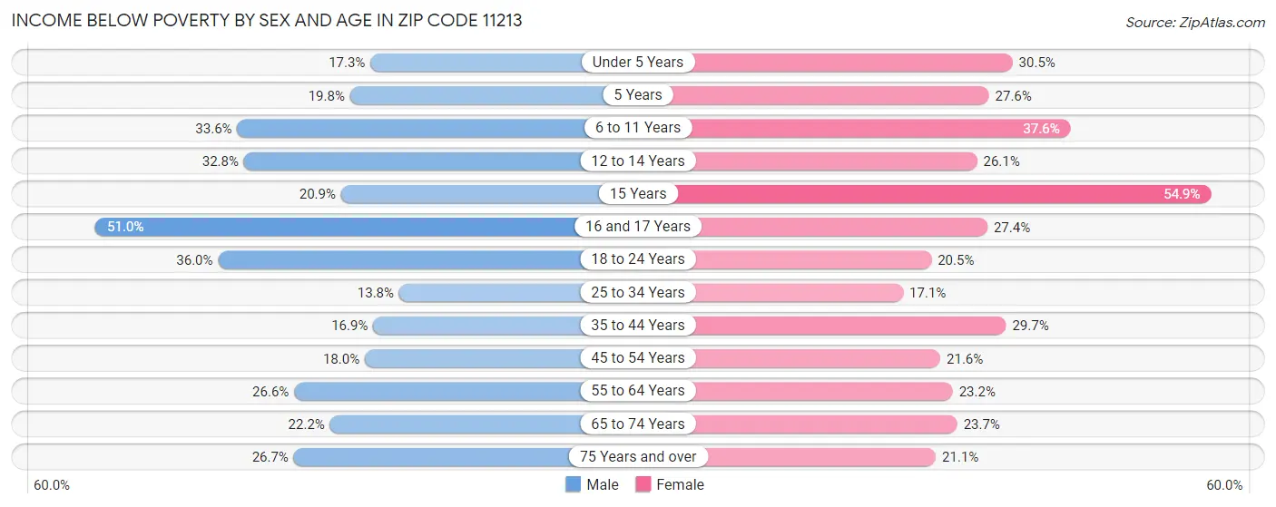 Income Below Poverty by Sex and Age in Zip Code 11213