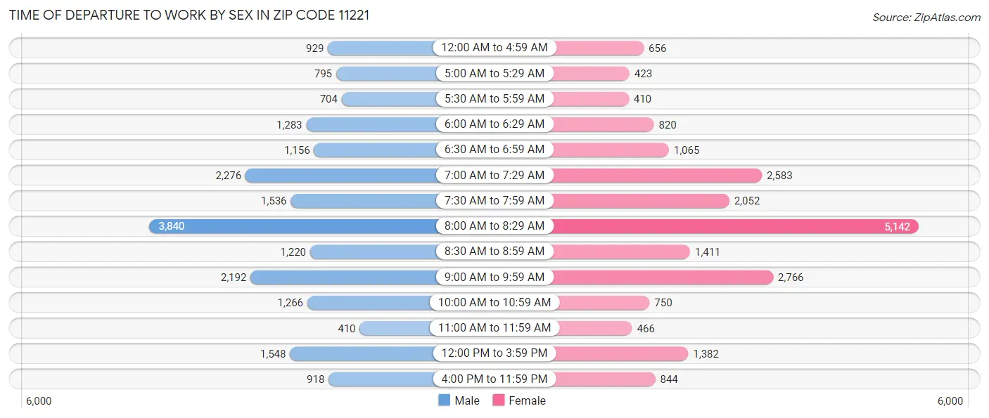 Time of Departure to Work by Sex in Zip Code 11221