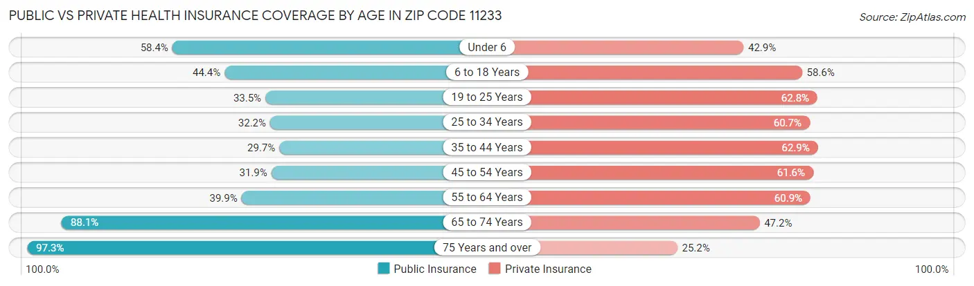 Public vs Private Health Insurance Coverage by Age in Zip Code 11233