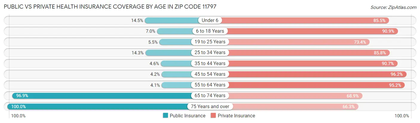 Public vs Private Health Insurance Coverage by Age in Zip Code 11797