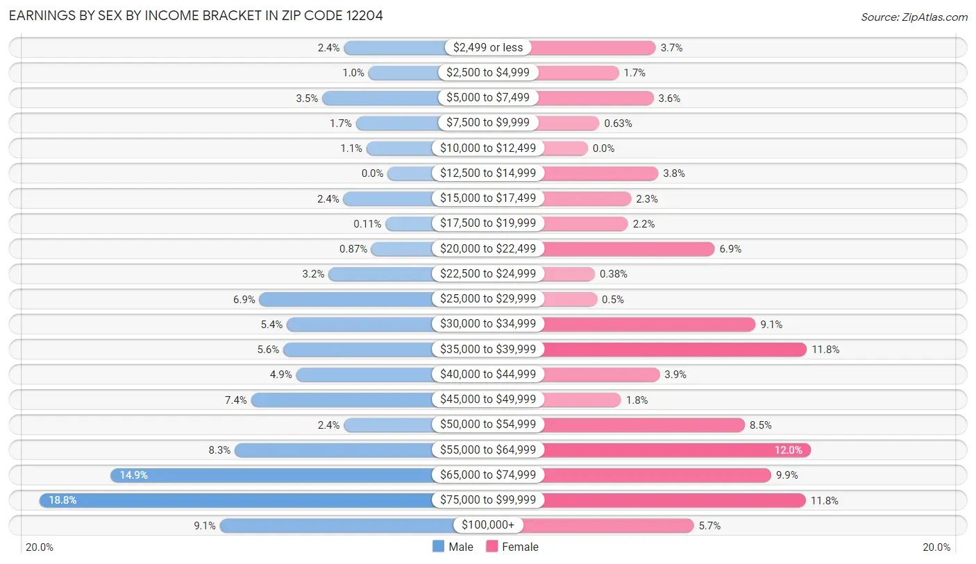 Earnings by Sex by Income Bracket in Zip Code 12204