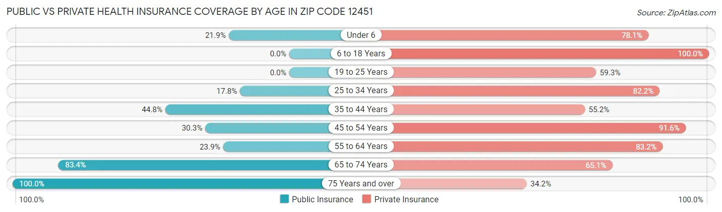 Public vs Private Health Insurance Coverage by Age in Zip Code 12451