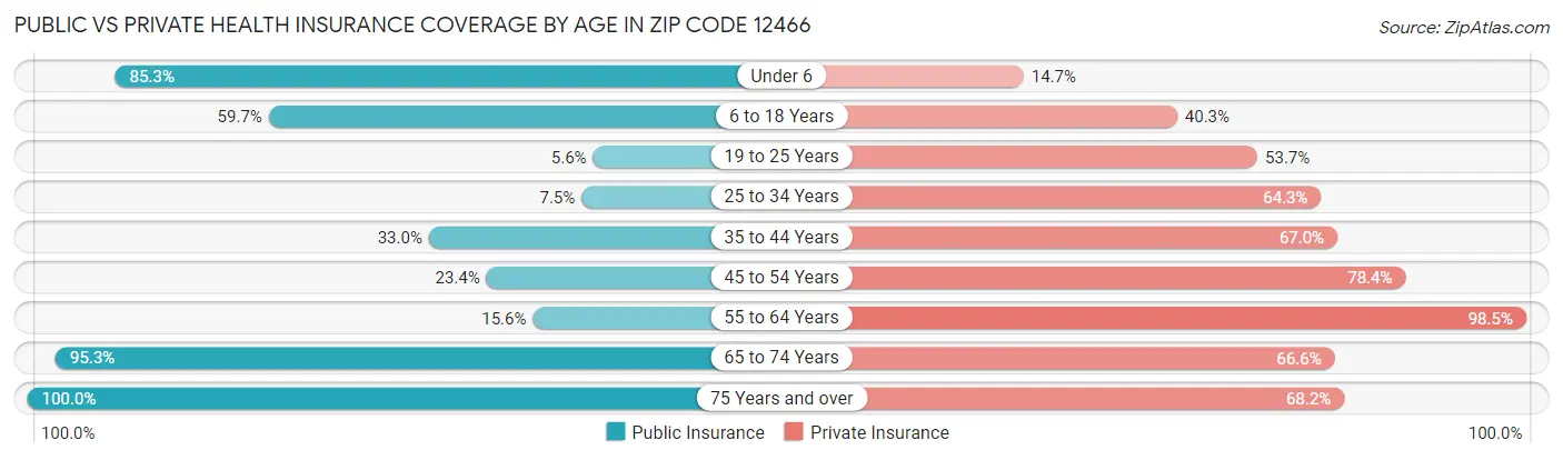Public vs Private Health Insurance Coverage by Age in Zip Code 12466