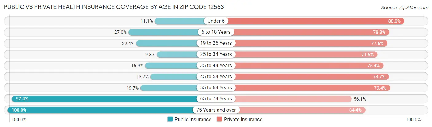 Public vs Private Health Insurance Coverage by Age in Zip Code 12563