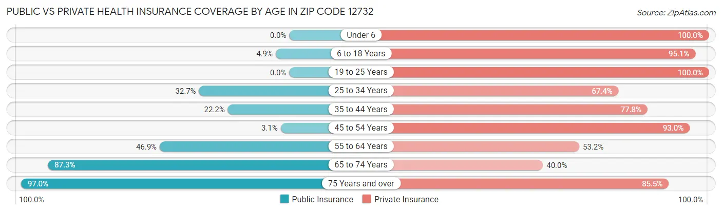 Public vs Private Health Insurance Coverage by Age in Zip Code 12732
