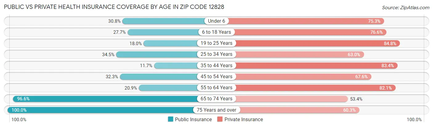 Public vs Private Health Insurance Coverage by Age in Zip Code 12828
