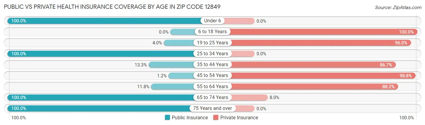 Public vs Private Health Insurance Coverage by Age in Zip Code 12849