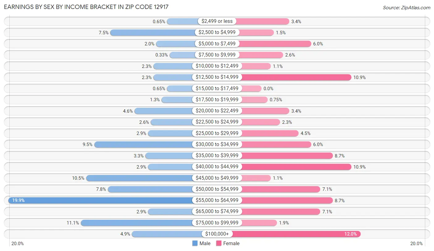 Earnings by Sex by Income Bracket in Zip Code 12917