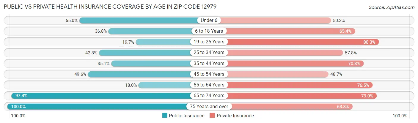 Public vs Private Health Insurance Coverage by Age in Zip Code 12979
