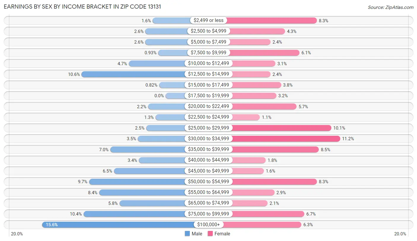 Earnings by Sex by Income Bracket in Zip Code 13131