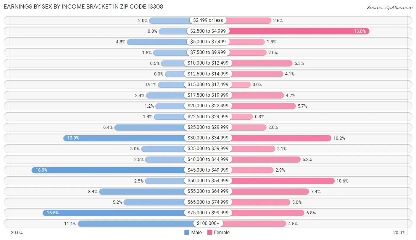 Earnings by Sex by Income Bracket in Zip Code 13308