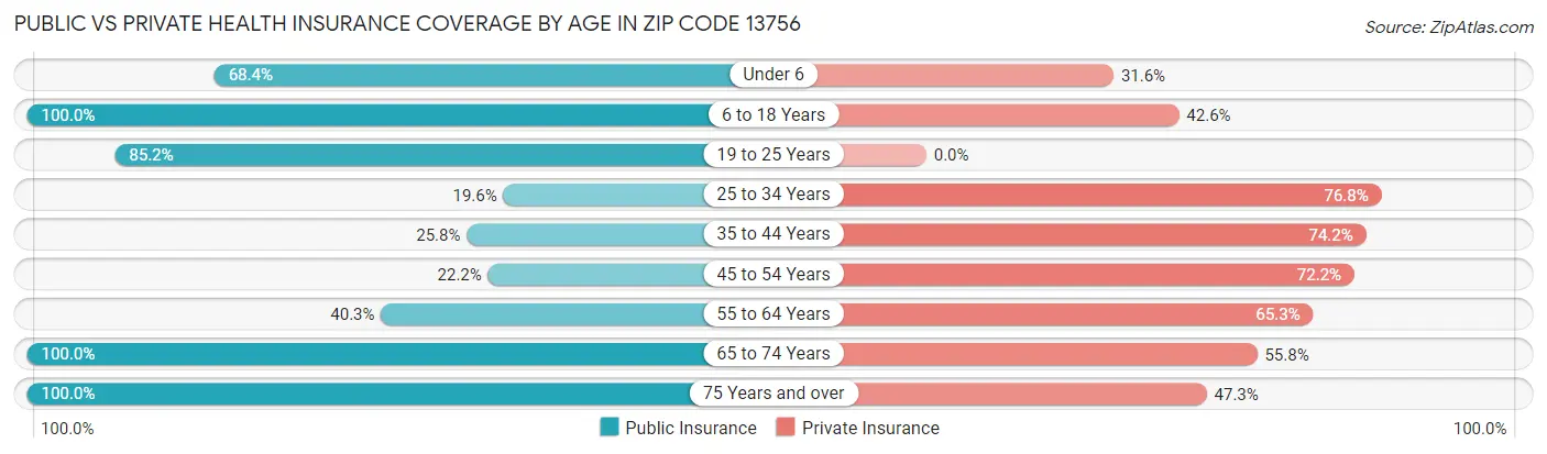 Public vs Private Health Insurance Coverage by Age in Zip Code 13756