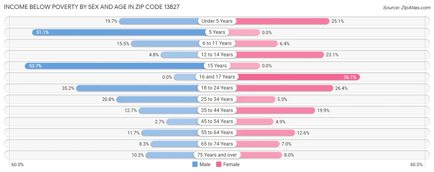 Income Below Poverty by Sex and Age in Zip Code 13827