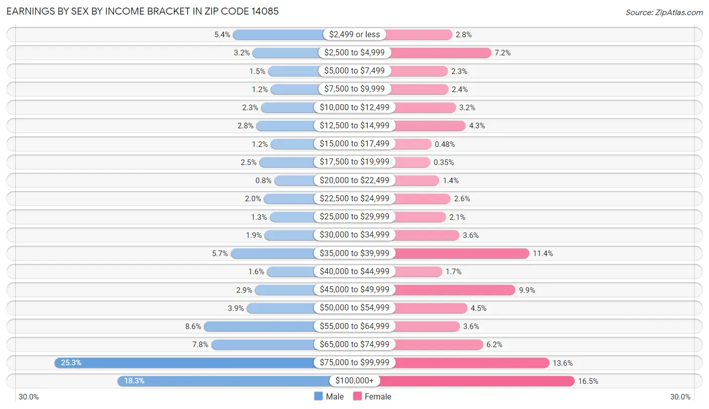 Earnings by Sex by Income Bracket in Zip Code 14085