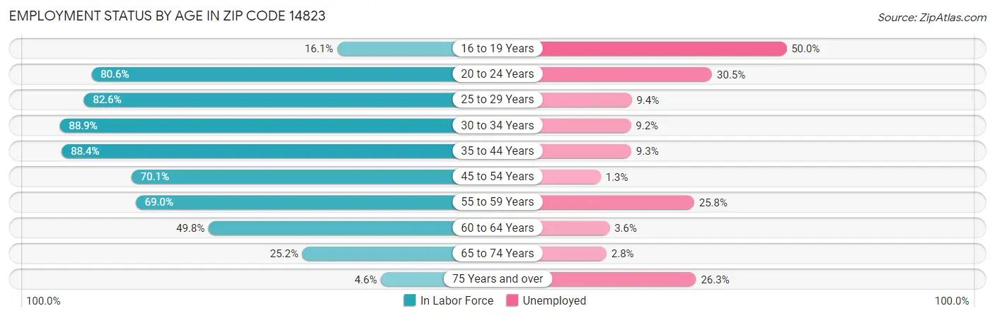 Employment Status by Age in Zip Code 14823