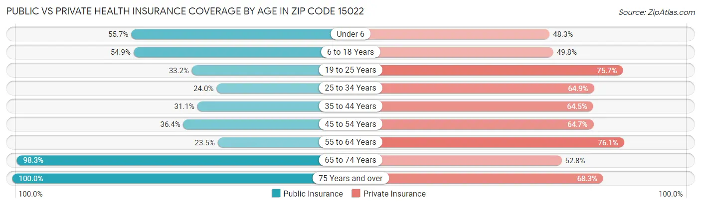 Public vs Private Health Insurance Coverage by Age in Zip Code 15022