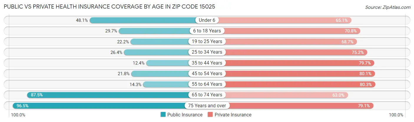Public vs Private Health Insurance Coverage by Age in Zip Code 15025