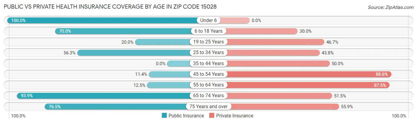 Public vs Private Health Insurance Coverage by Age in Zip Code 15028