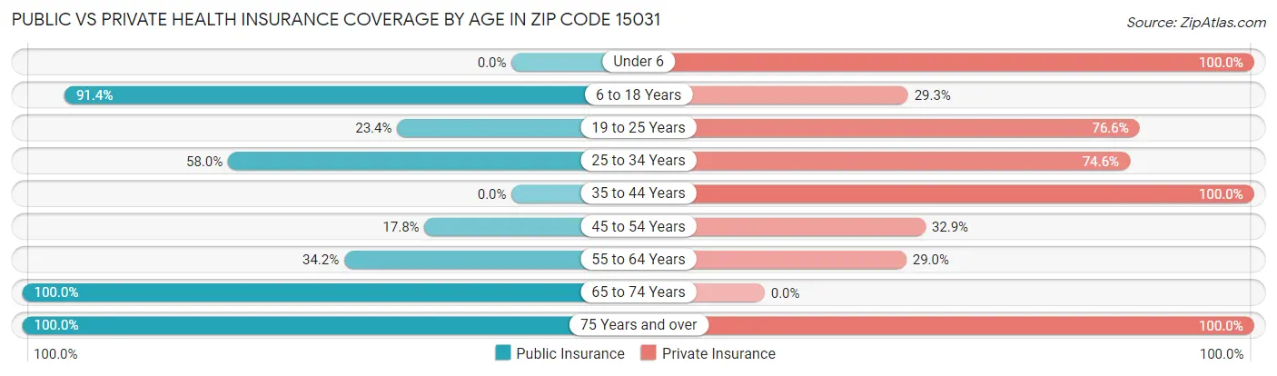 Public vs Private Health Insurance Coverage by Age in Zip Code 15031