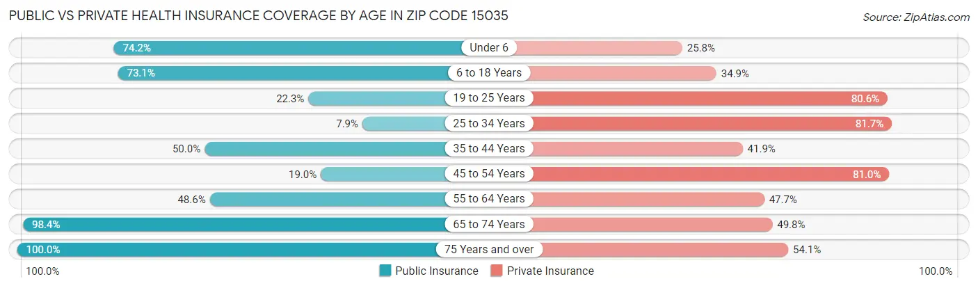 Public vs Private Health Insurance Coverage by Age in Zip Code 15035