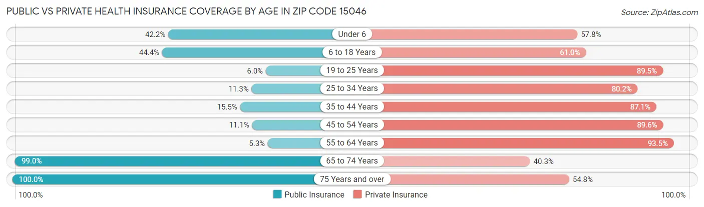 Public vs Private Health Insurance Coverage by Age in Zip Code 15046