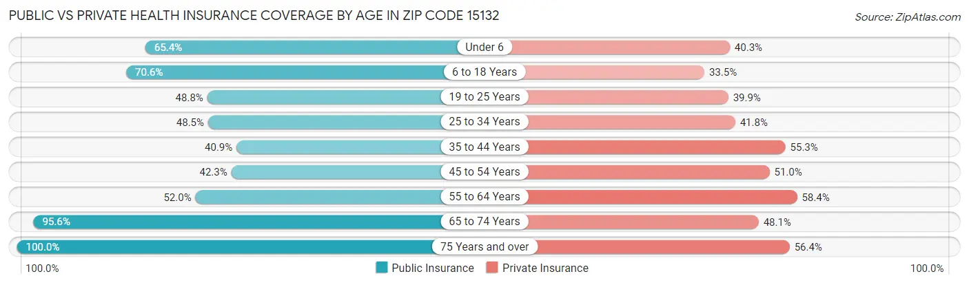 Public vs Private Health Insurance Coverage by Age in Zip Code 15132