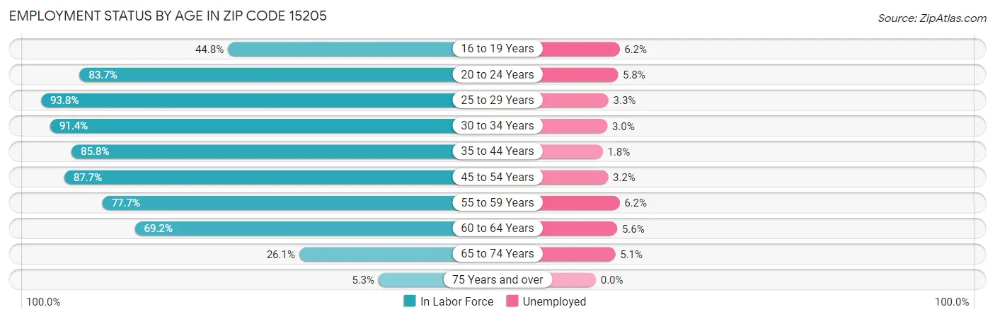 Employment Status by Age in Zip Code 15205