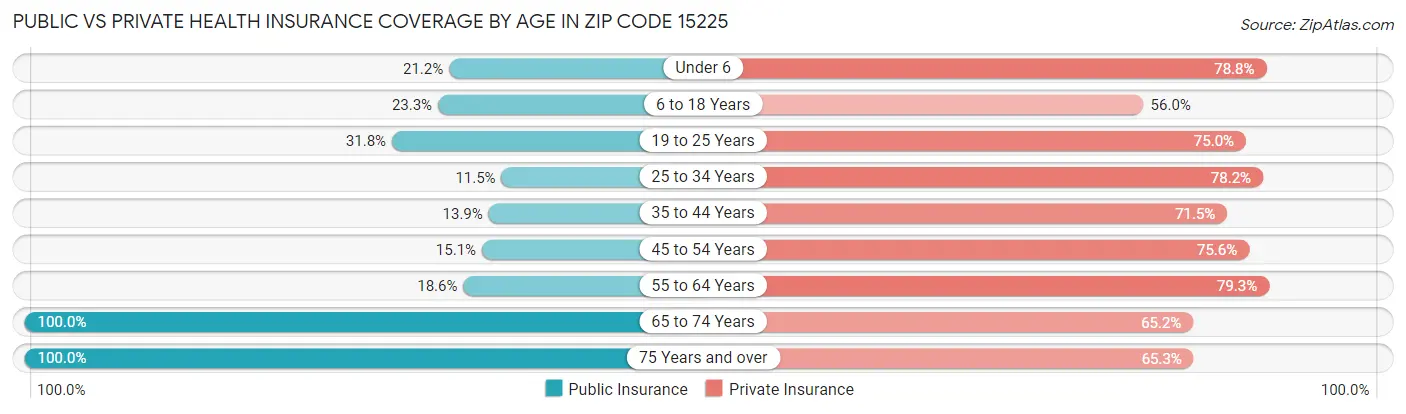 Public vs Private Health Insurance Coverage by Age in Zip Code 15225