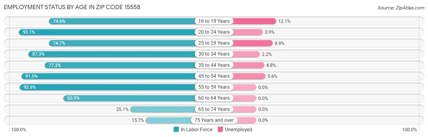 Employment Status by Age in Zip Code 15558