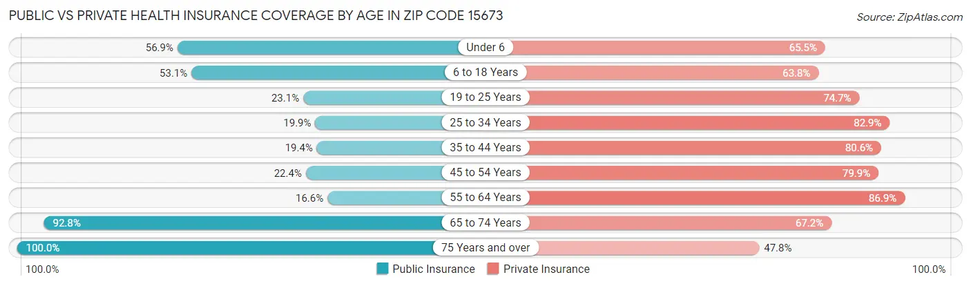 Public vs Private Health Insurance Coverage by Age in Zip Code 15673