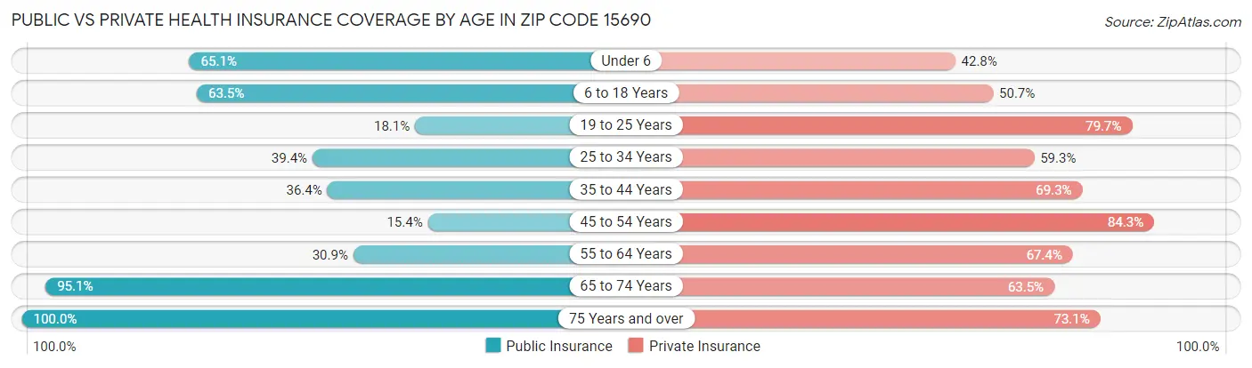 Public vs Private Health Insurance Coverage by Age in Zip Code 15690