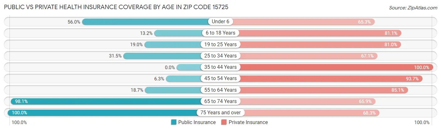 Public vs Private Health Insurance Coverage by Age in Zip Code 15725