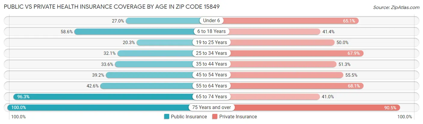 Public vs Private Health Insurance Coverage by Age in Zip Code 15849