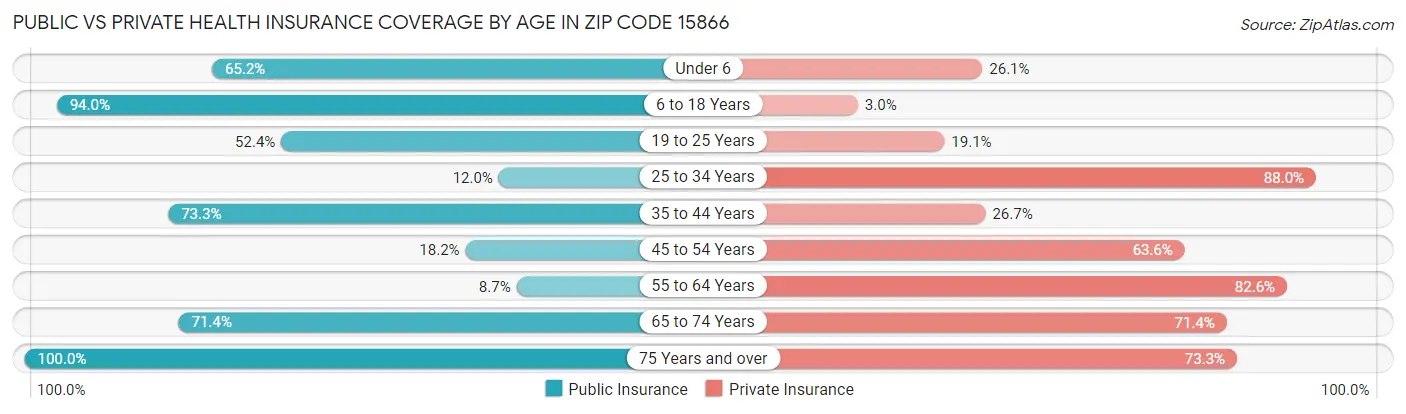 Public vs Private Health Insurance Coverage by Age in Zip Code 15866