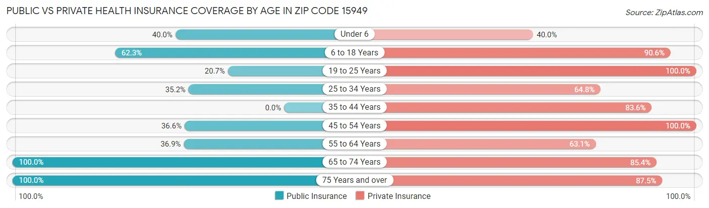 Public vs Private Health Insurance Coverage by Age in Zip Code 15949