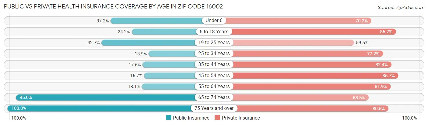 Public vs Private Health Insurance Coverage by Age in Zip Code 16002