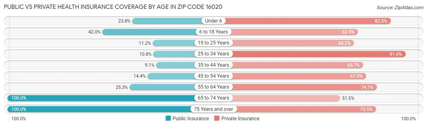 Public vs Private Health Insurance Coverage by Age in Zip Code 16020