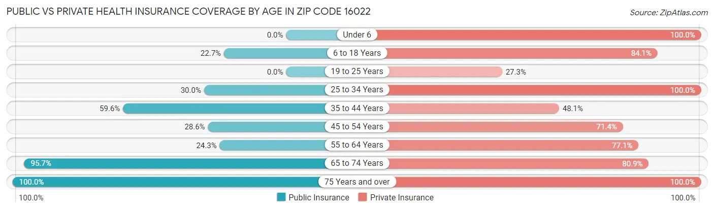 Public vs Private Health Insurance Coverage by Age in Zip Code 16022