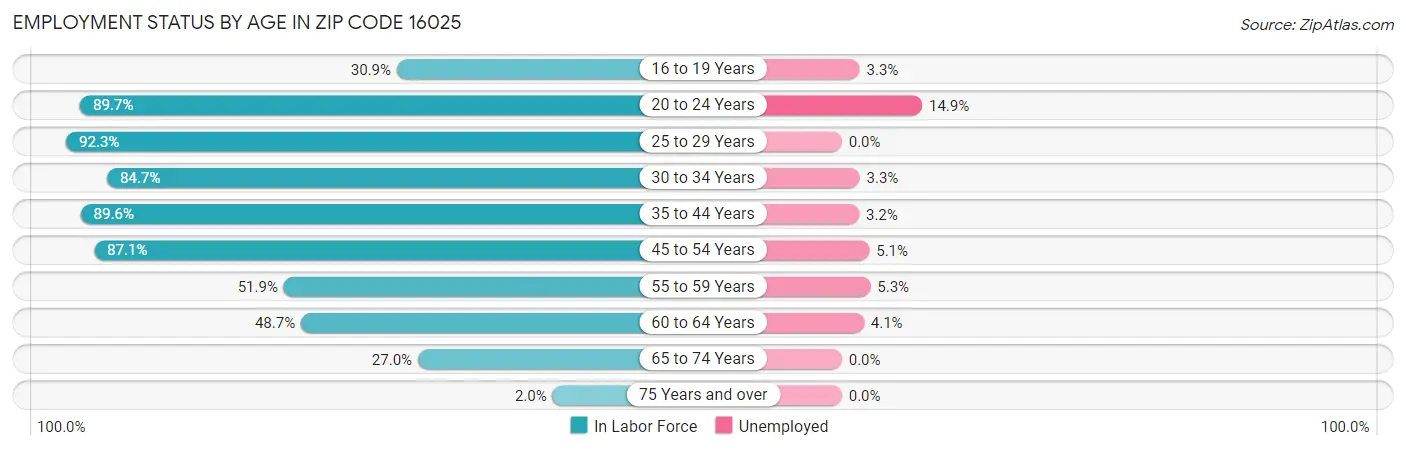 Employment Status by Age in Zip Code 16025