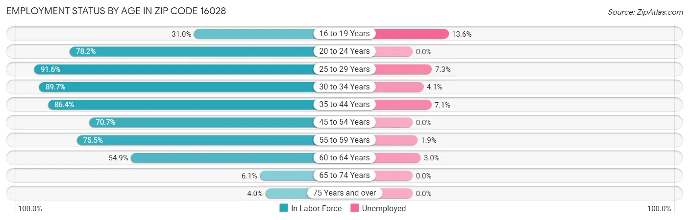 Employment Status by Age in Zip Code 16028