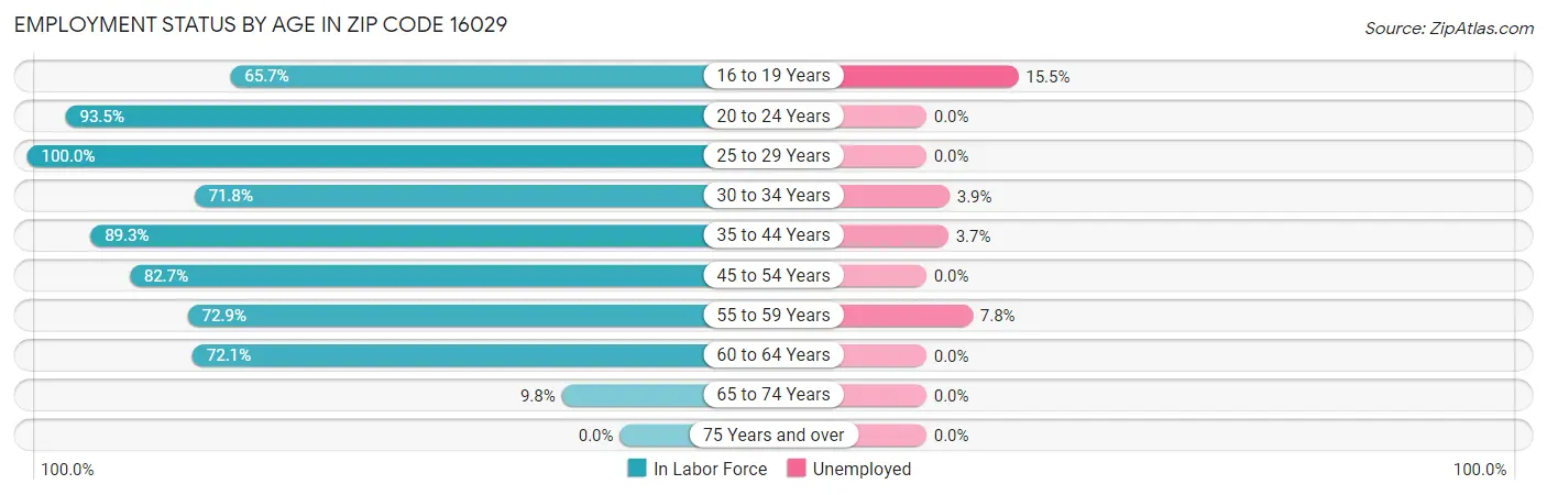 Employment Status by Age in Zip Code 16029