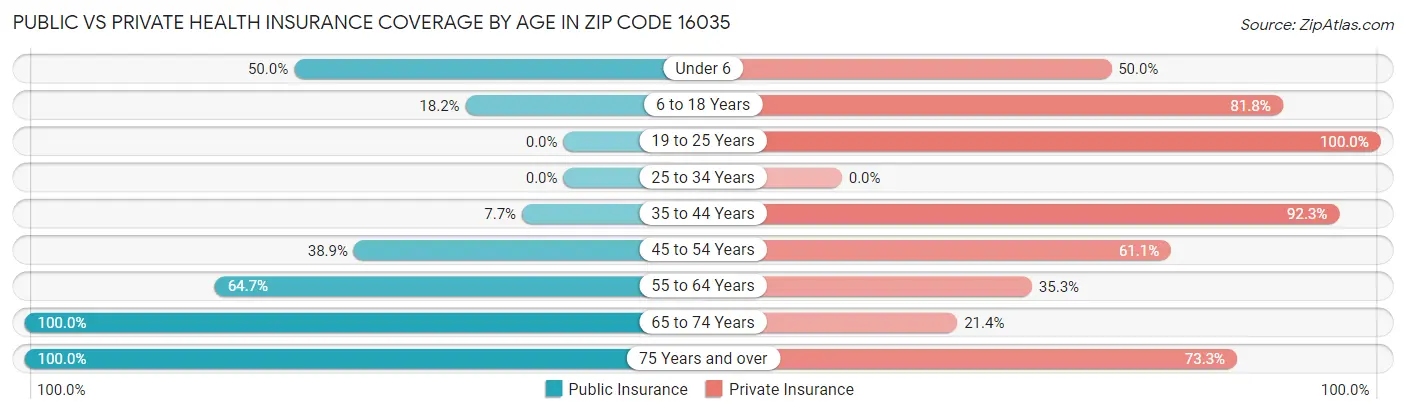 Public vs Private Health Insurance Coverage by Age in Zip Code 16035