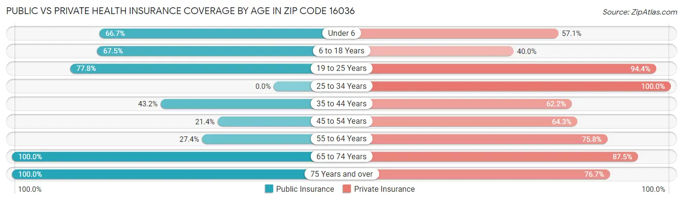 Public vs Private Health Insurance Coverage by Age in Zip Code 16036