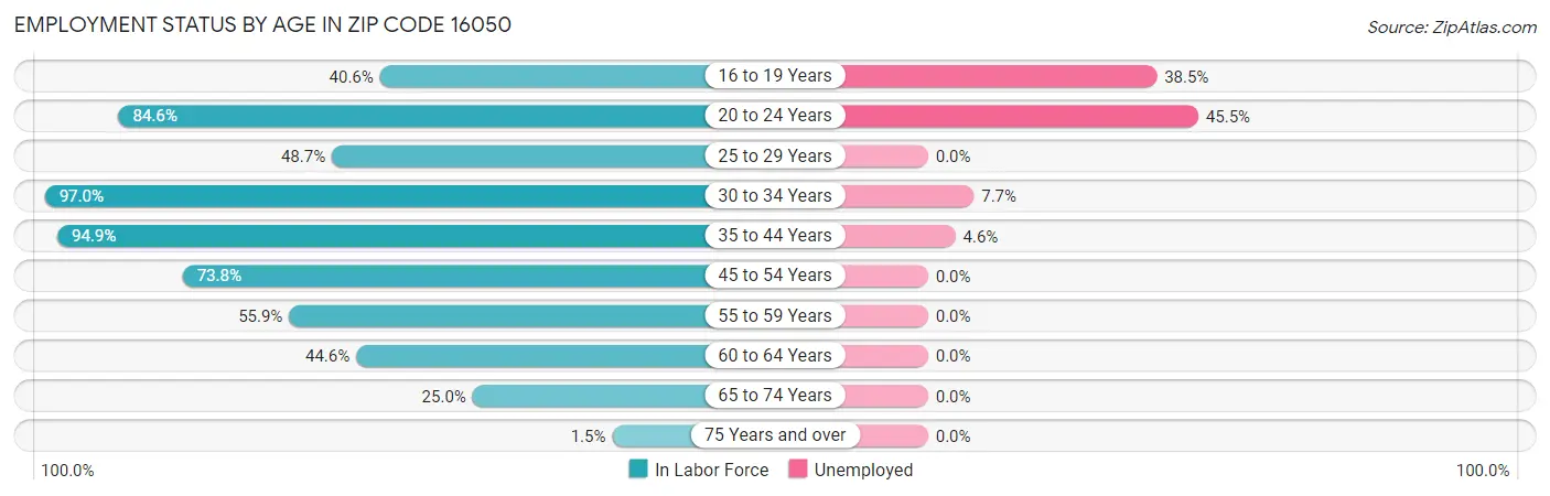 Employment Status by Age in Zip Code 16050
