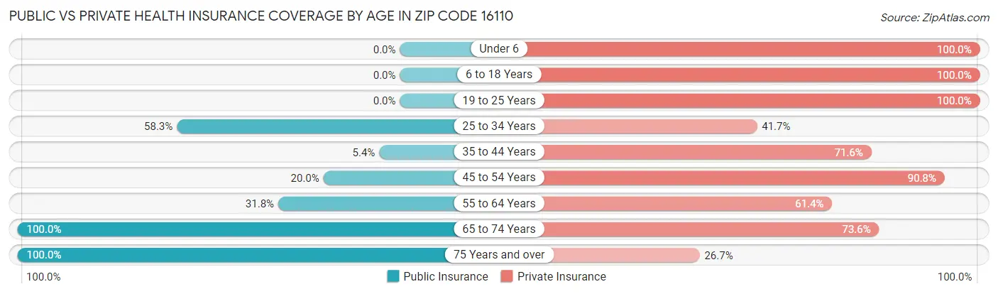 Public vs Private Health Insurance Coverage by Age in Zip Code 16110