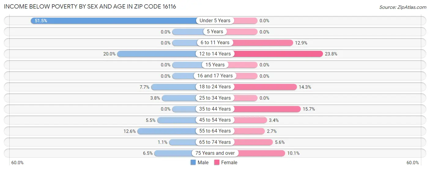 Income Below Poverty by Sex and Age in Zip Code 16116