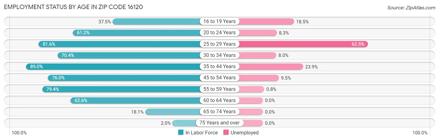 Employment Status by Age in Zip Code 16120